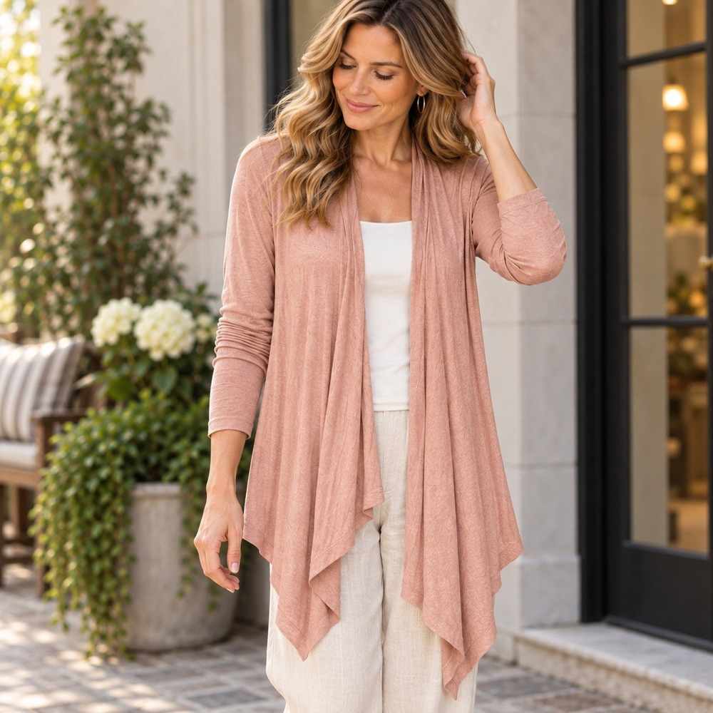 Eileen Fisher Cardigan Lightweight Open Front Draped Asymmetrical Pink Women's M